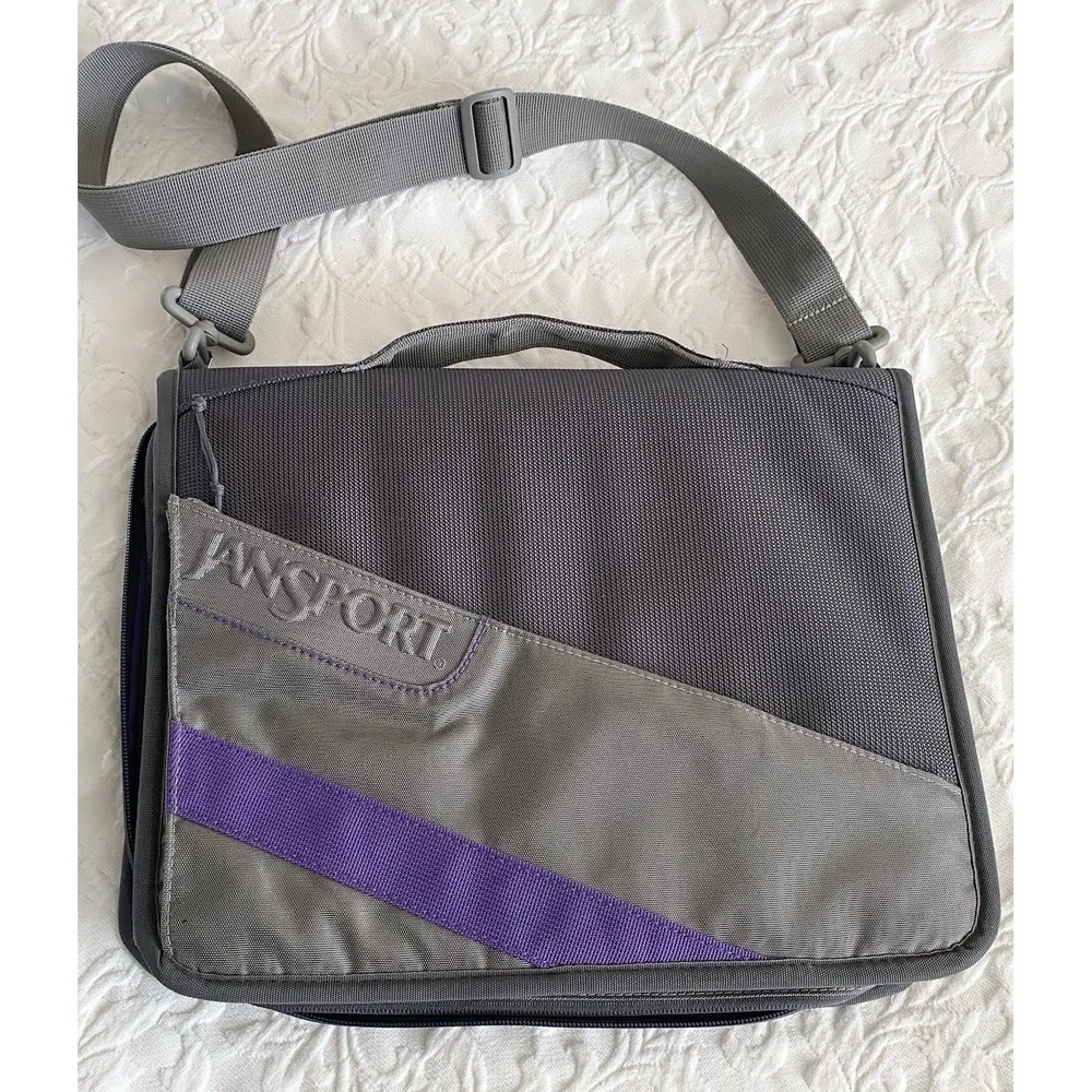 Vintage JanSport Laptop Organizer Bag Gray Purple Briefcase Messenger Bag 90s Y2